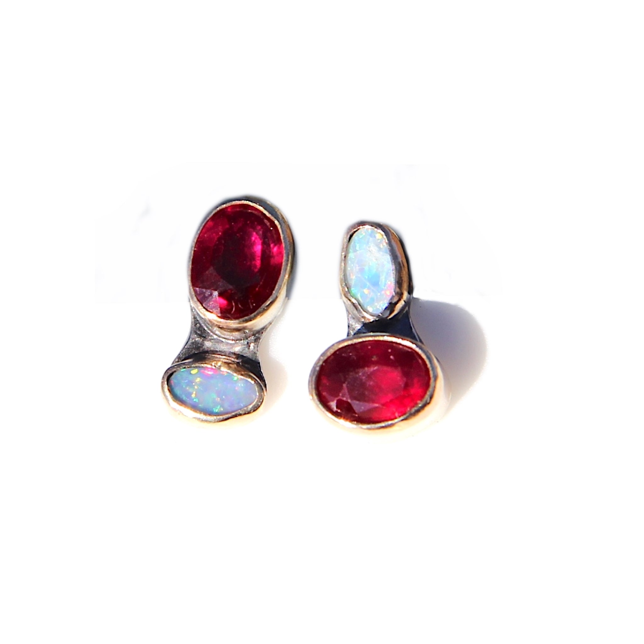 Checkerboard Style Ruby + Opal Stud Earrings